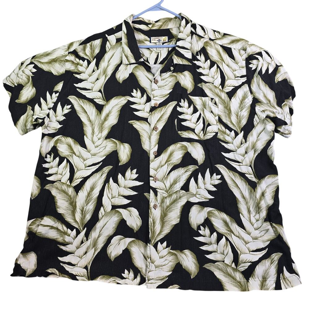 Caribbean Joe Hawaiian Button Front Shirt Men Big 3X Black Floral Rayon Tropical